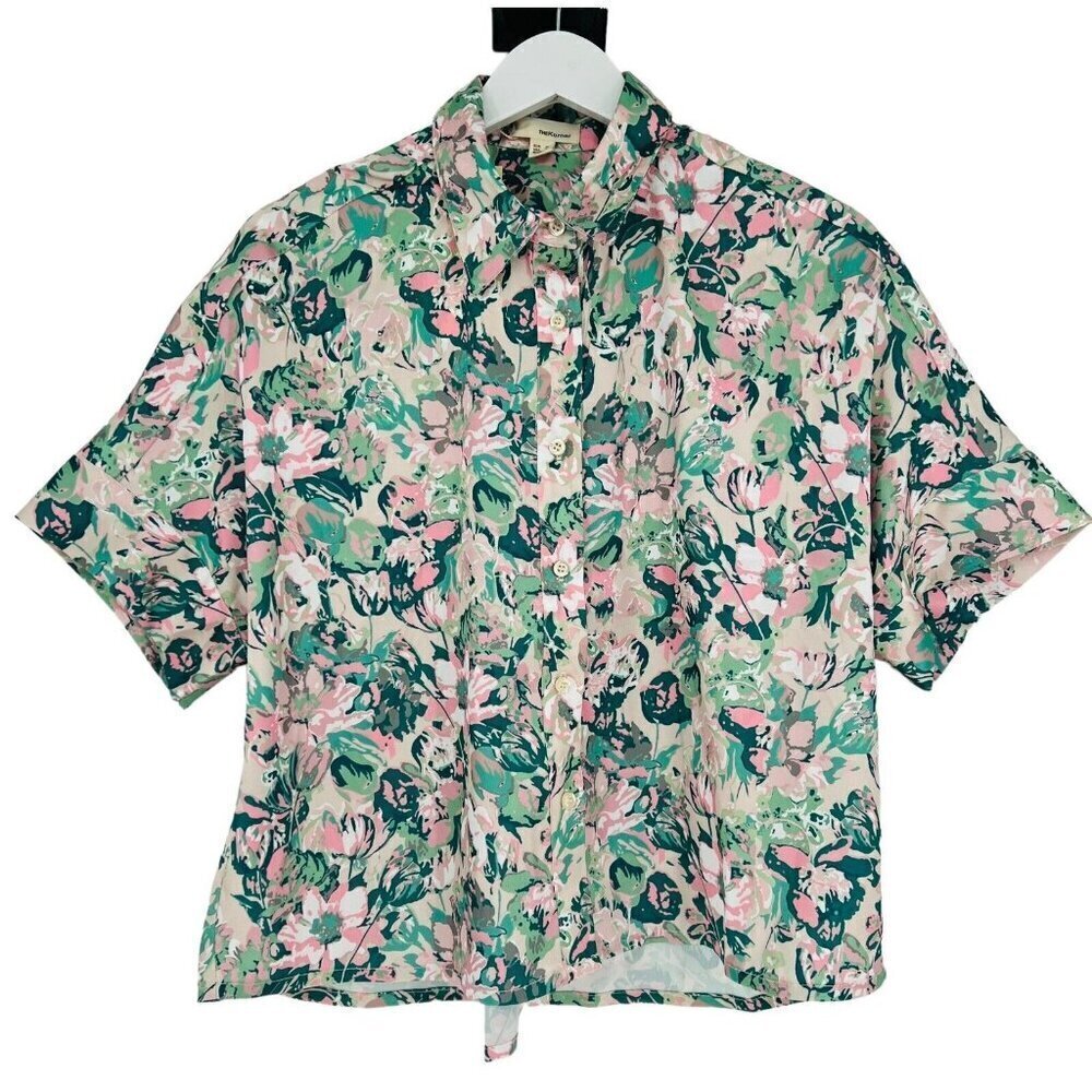 The Korner Button Up High Low Shirt Size S Floral Satin Cropped Boxy S/S‎ NWT